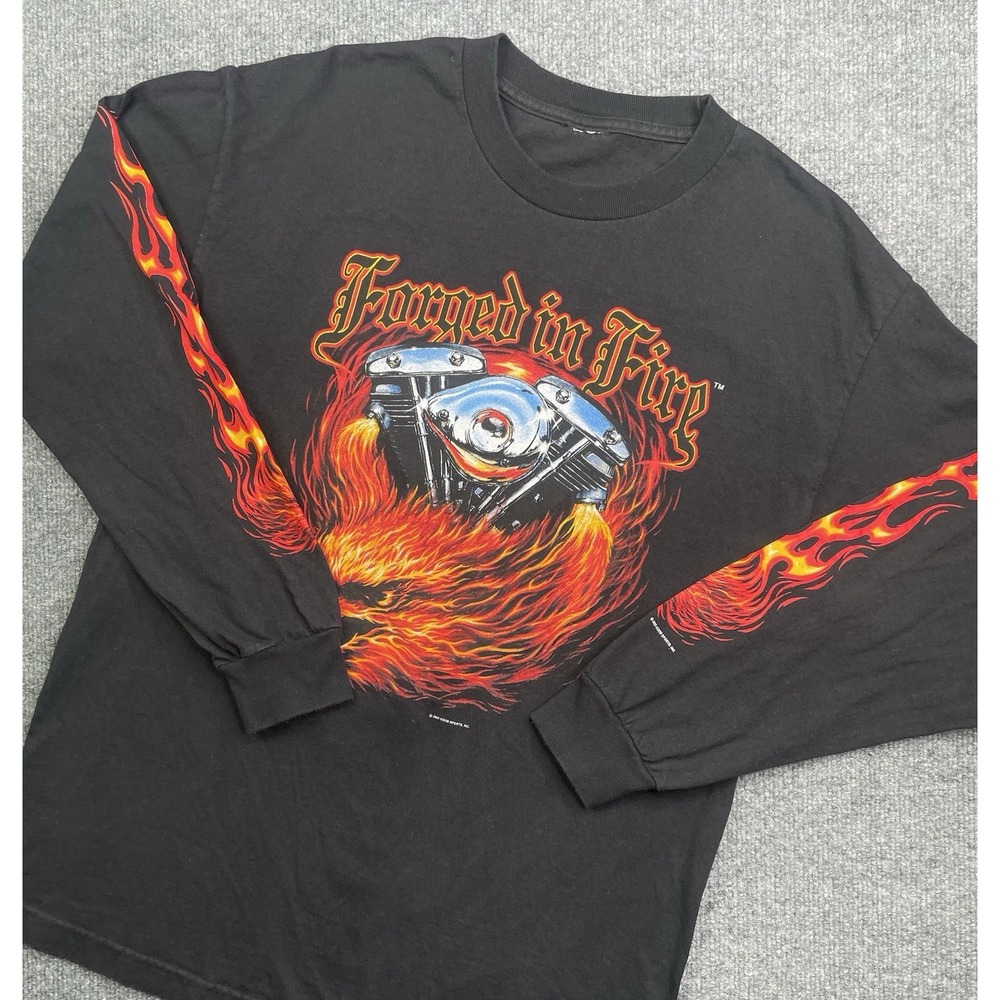 Good Sports Inc Long Sleeve T-Shirt Mens L Black Forged In Fire Flame Biker 2005
